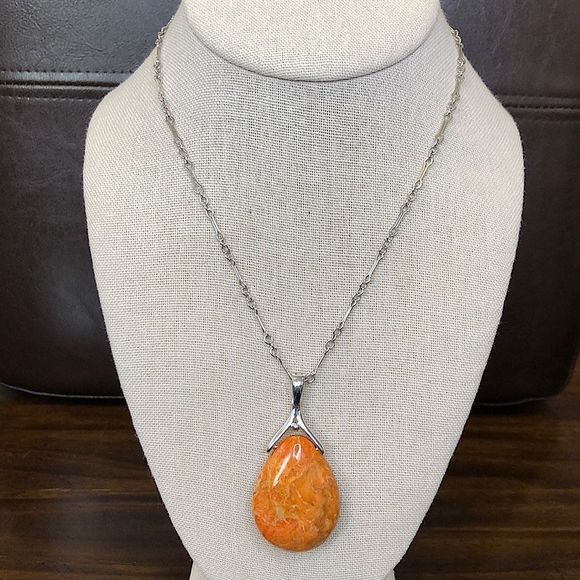 Artisan Jewelry - Orange Coral Pendant and Sterling Silver Ornate Necklace NWOT